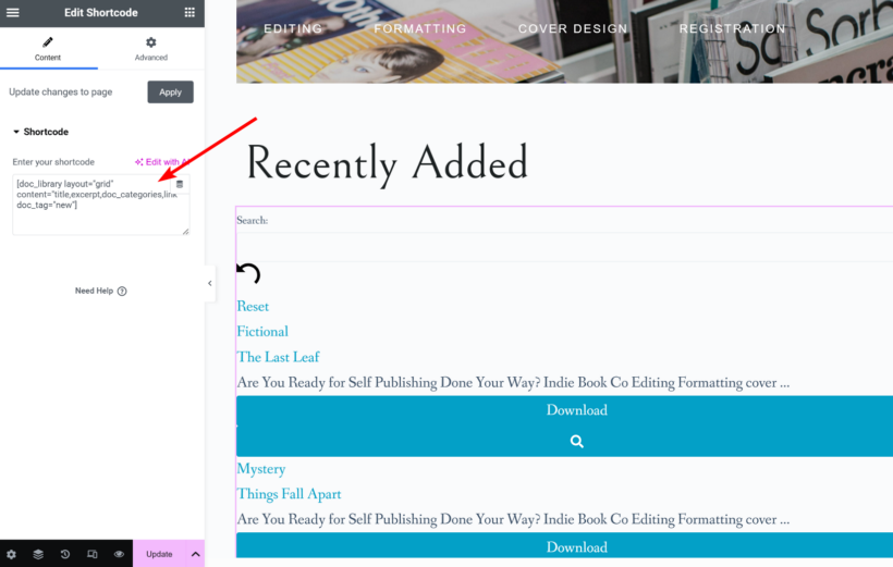 Document Library shortcode in Elementor