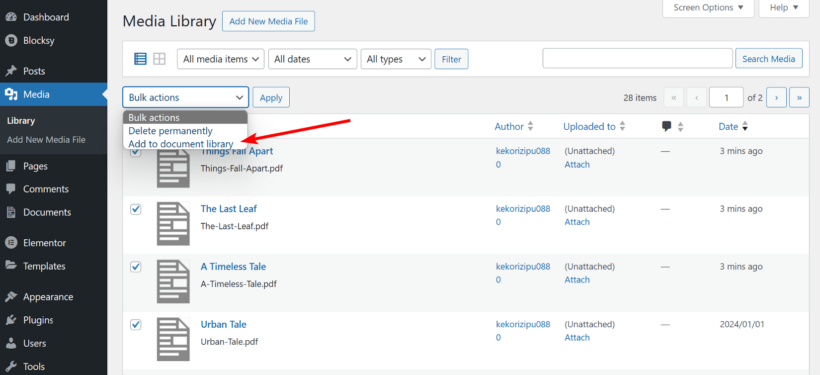 Select PDF files and add to document library