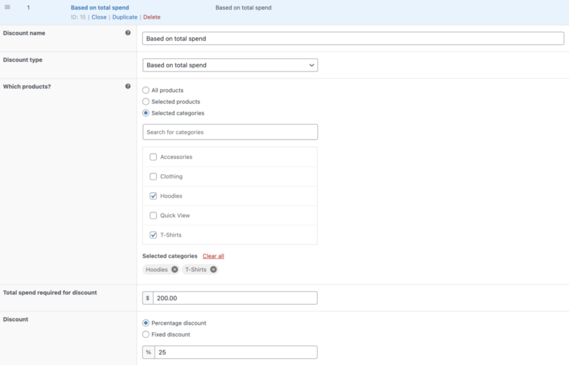 WooCommerce total spend discount order value