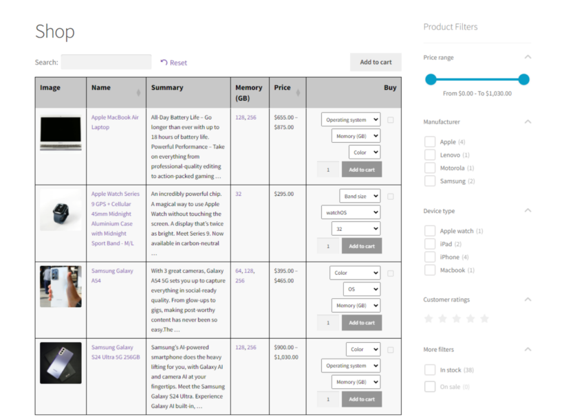 WooCommerce Product Table - how to sell electronics online 3