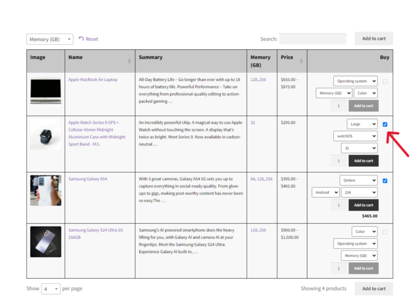 how to sell electronics online with WooCommerce Product table 2