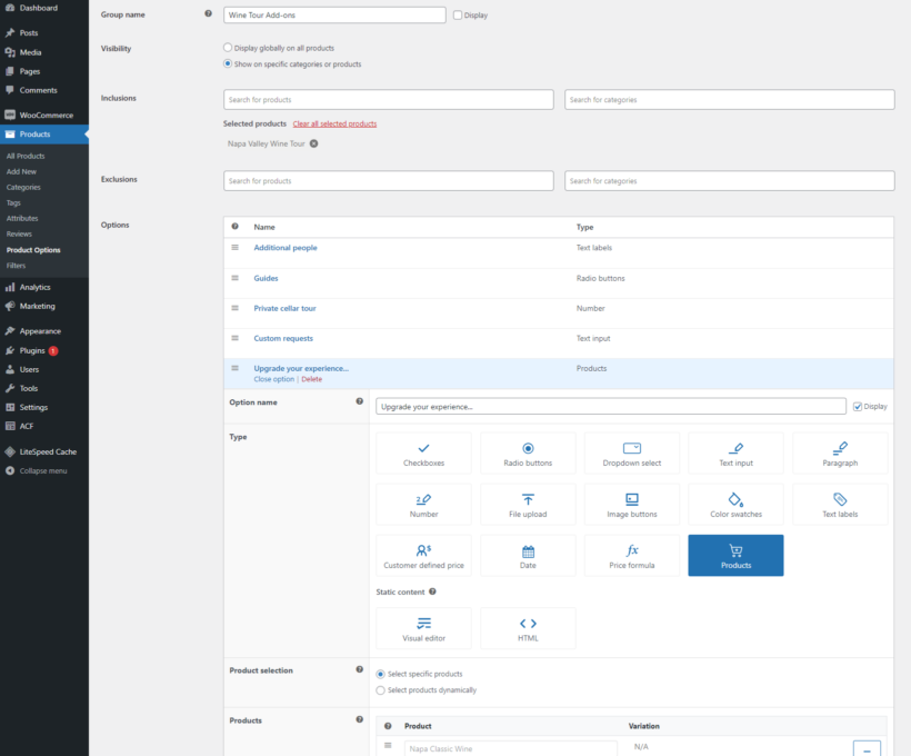 woocommerce tour booking (WooCommerce Product Options backend)