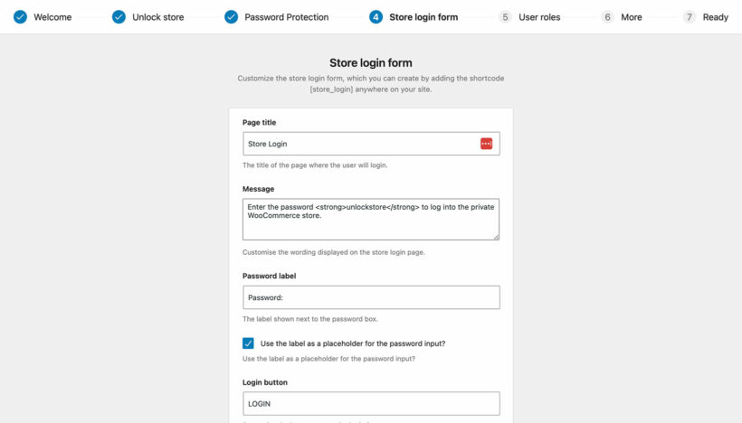WooCommerce Private Store setup wizard login form