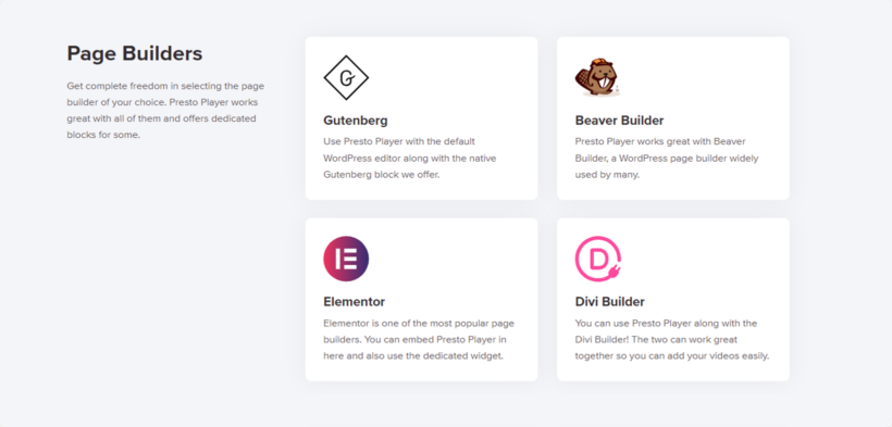 Page builders to use with Presto Player