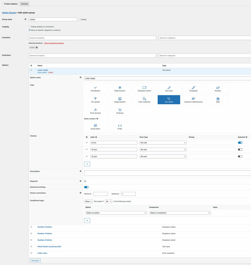 Add custom letter option group