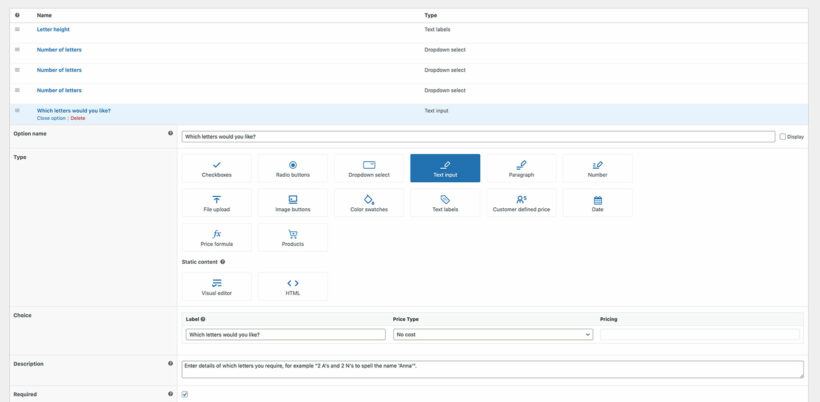 Select individual letters WooCommerce