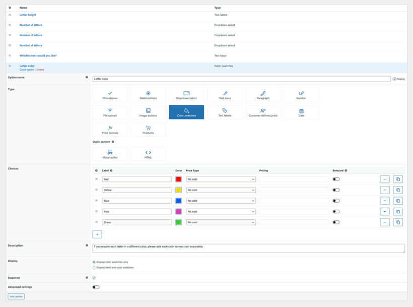 Sell letters in WooCommerce choose color