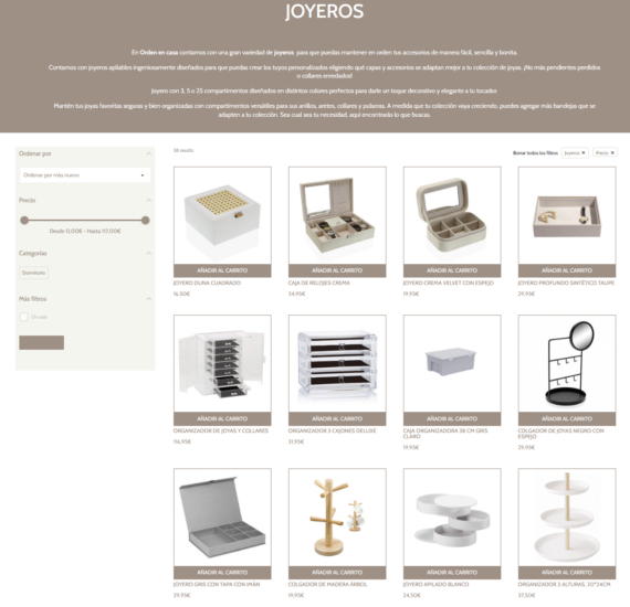 Orden en casa with product filters applied