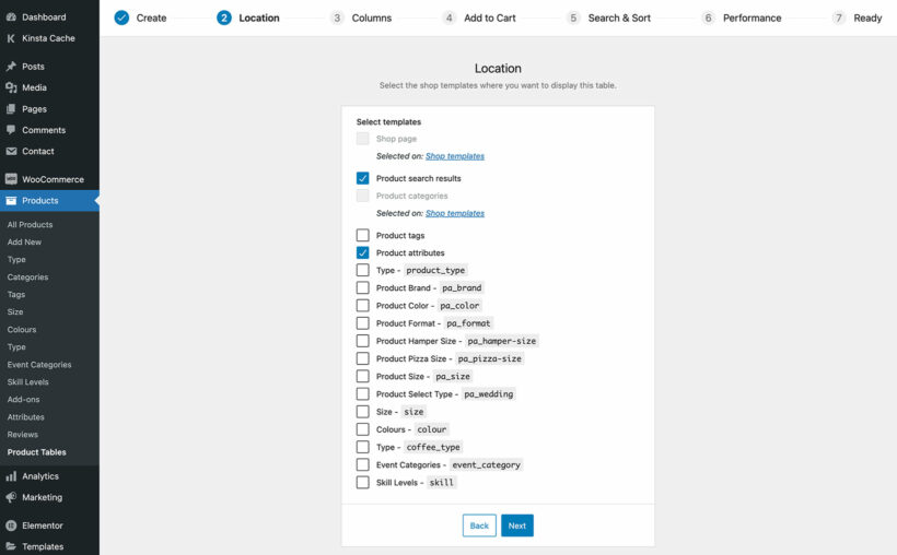 Shop templates page of table builder