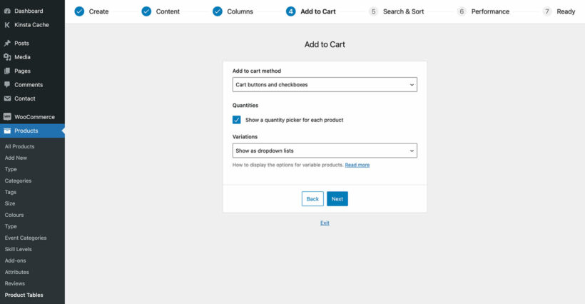Add to cart page of WooCommerce product table builder