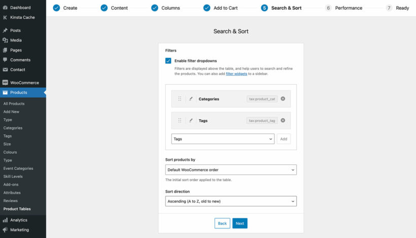 WooCommerce Product Table builder filter dropdowns