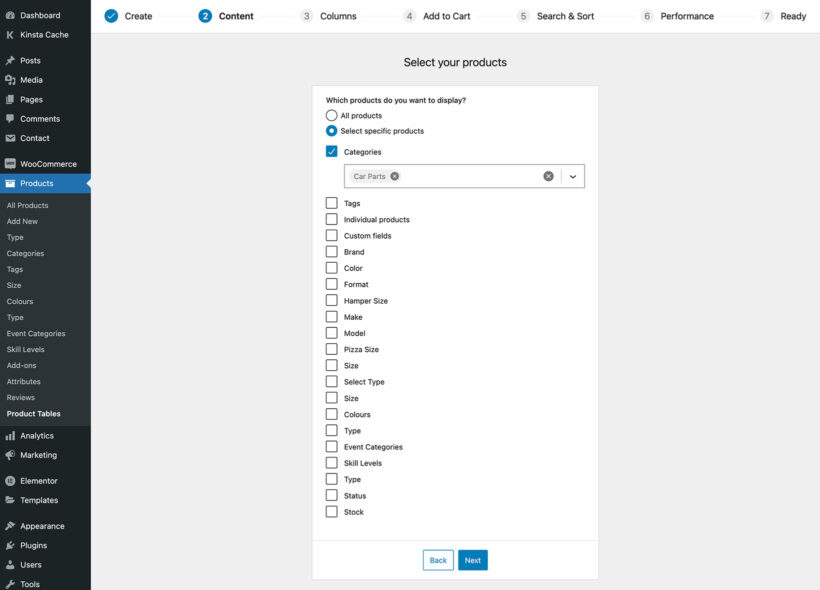 Select products page of table builder