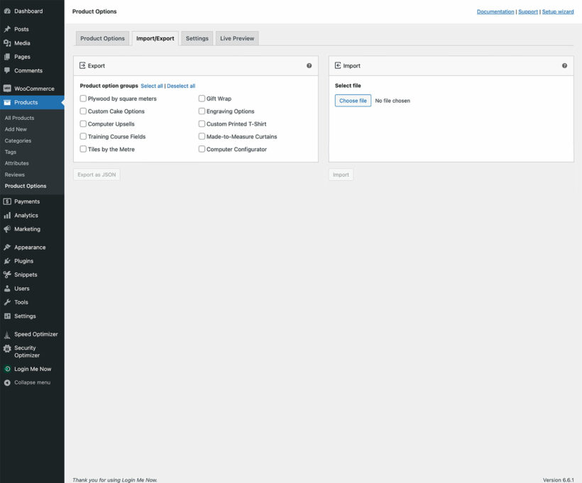 Import export WooCommerce product add-on options
