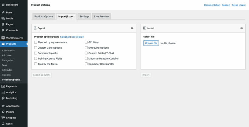 WooCommerce Product Options import export