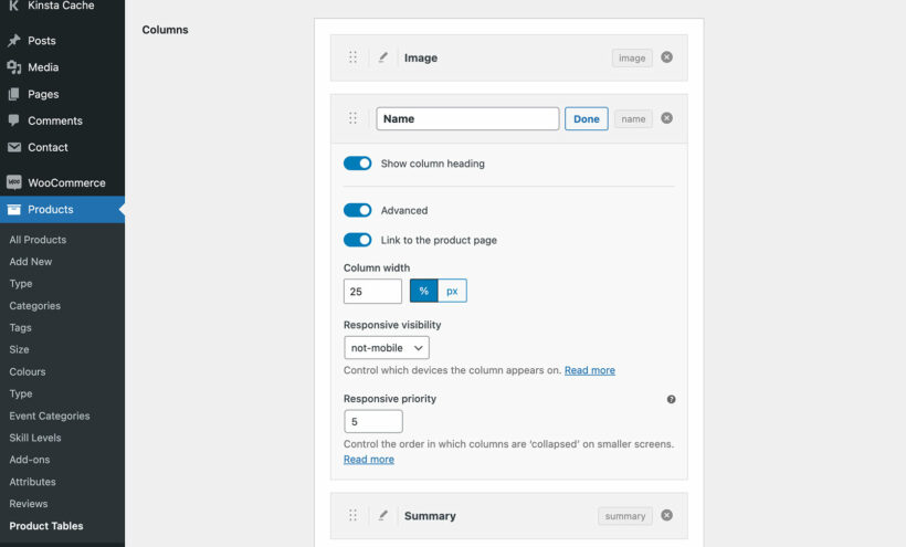 Advanced product table column options e.g. links and responsive options