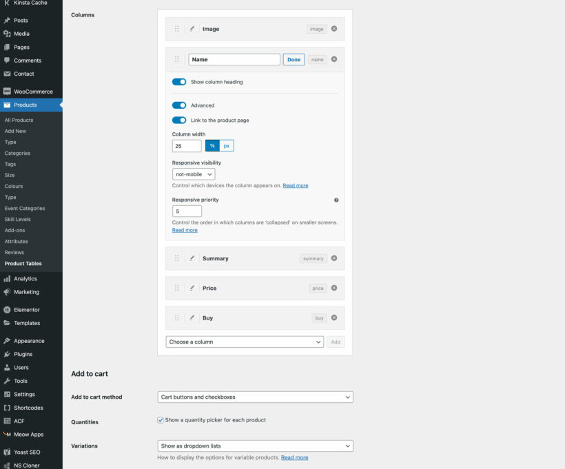 WooCommerce Product Table advanced column options