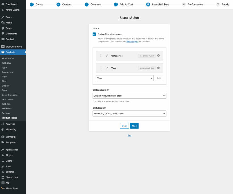 WooCommerce product table with filters