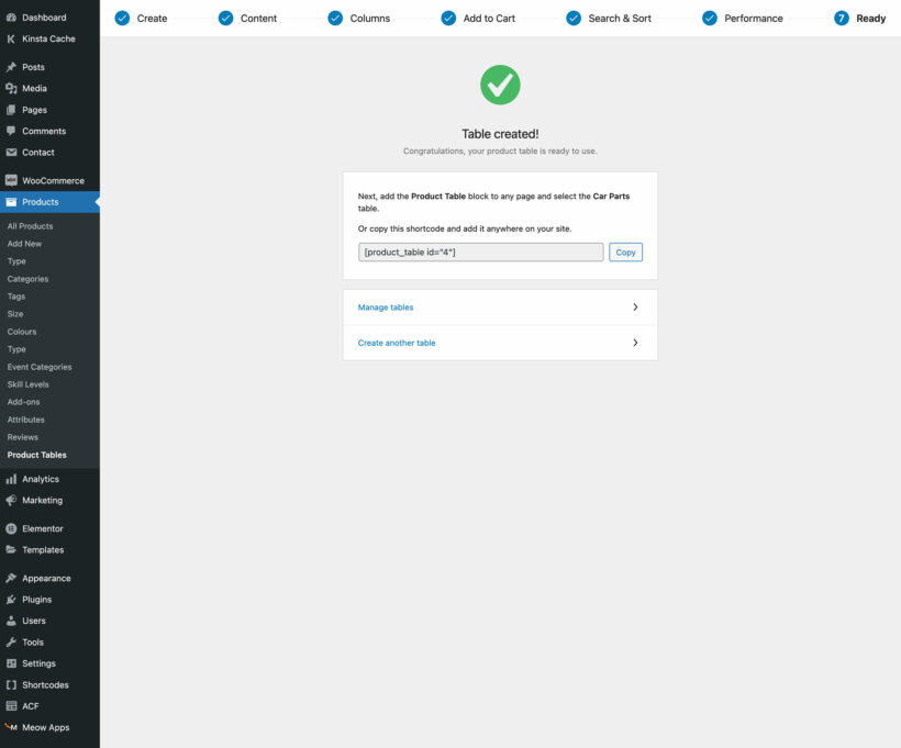 Final page of table builder