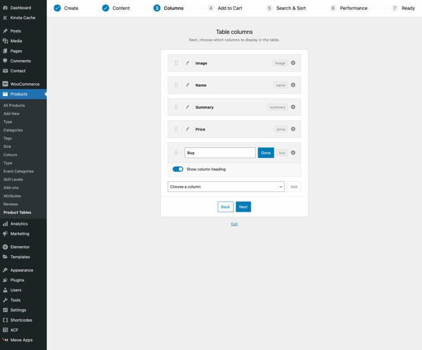 WooCommerce Product Table columns