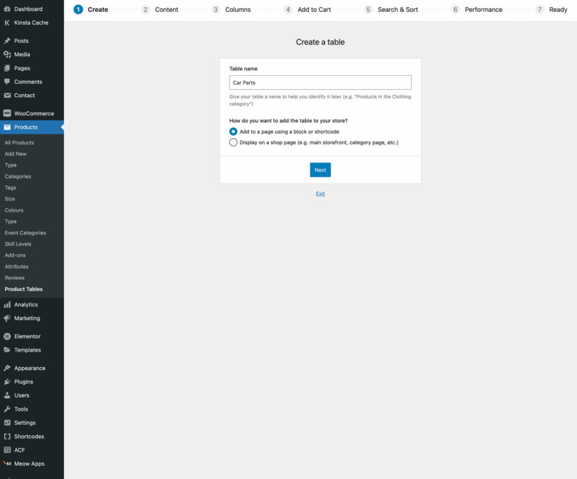 Create a new WooCommerce product table or order form