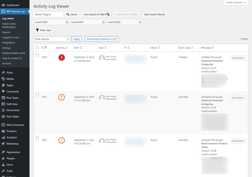 WP Activity Log review - Search & Filters