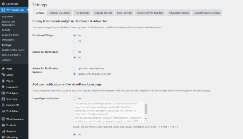 WP Activity Log review - Settings 1