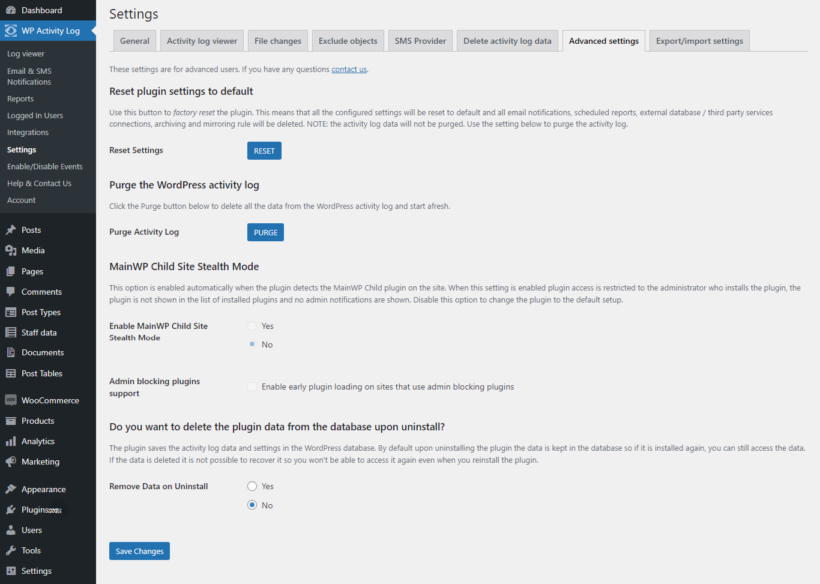 WP Activity Log review - advanced settings