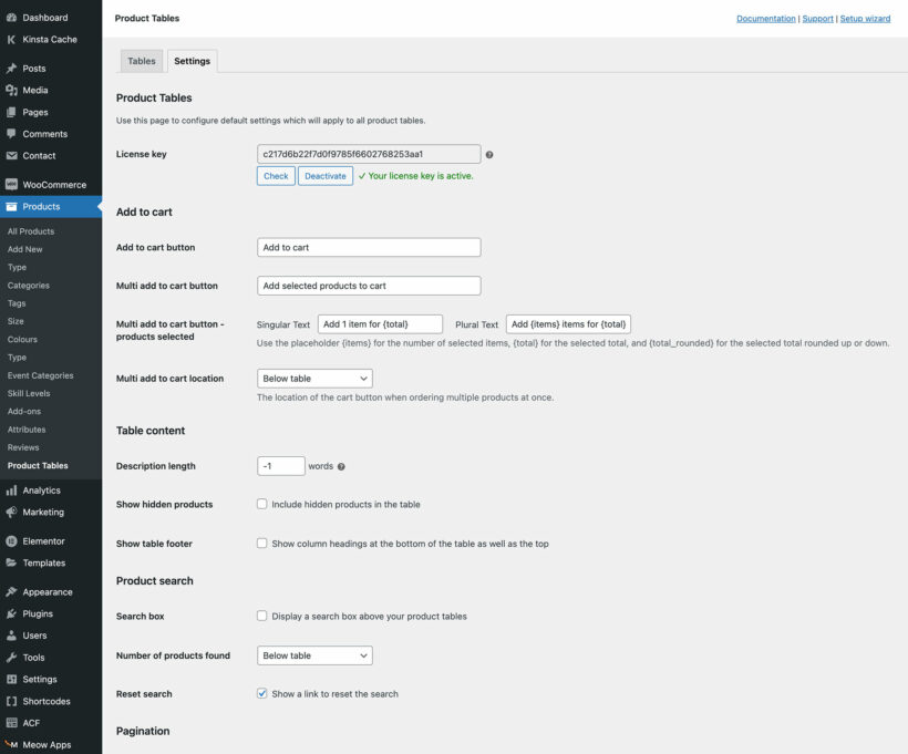 WooCommerce Product Table settings page screenshot