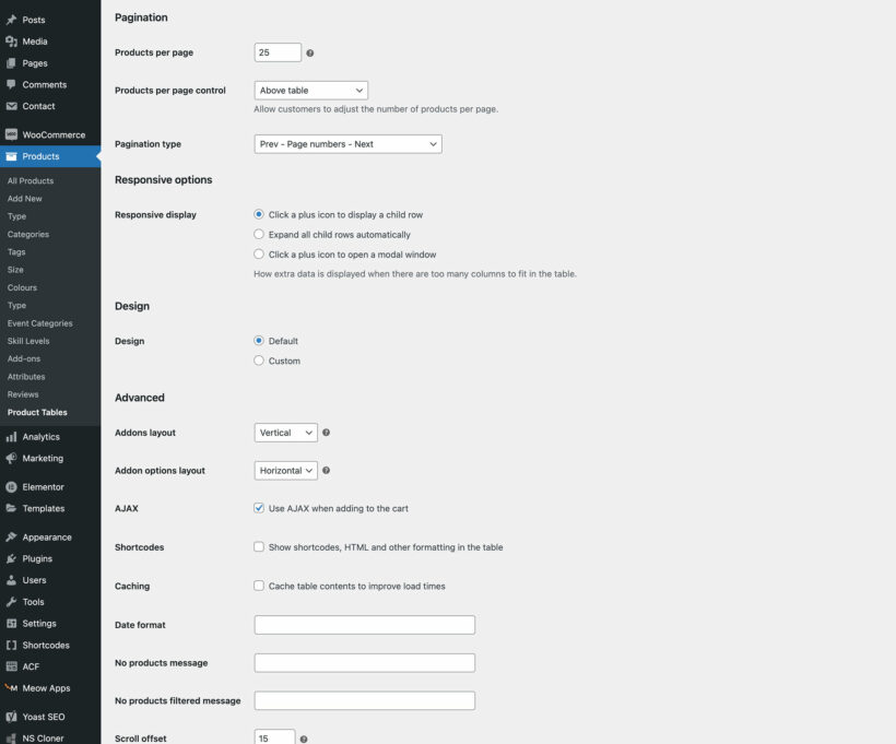 WooCommerce Product Table settings page screenshot