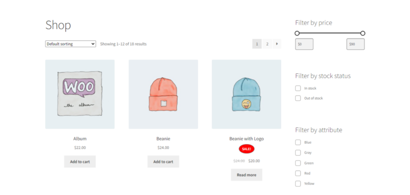 WooCommerce sidebar filter on shop page showing default filter widgets