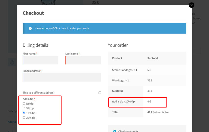 WooCommerce add tip on checkout