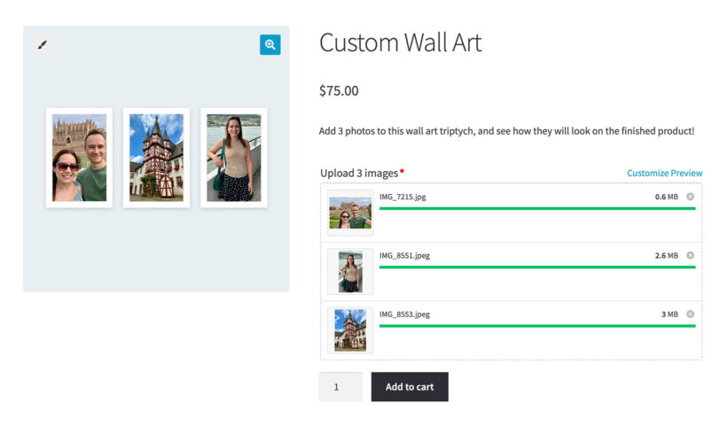 WooCommerce live preview multiple images art canvas