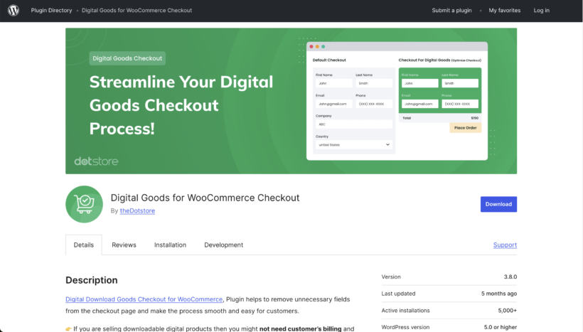 Plugin listing for Digital Goods for WooCommerce Checkout