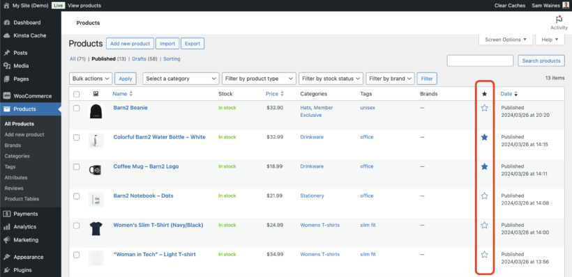 Set WooCommerce featured products by toggling star icon