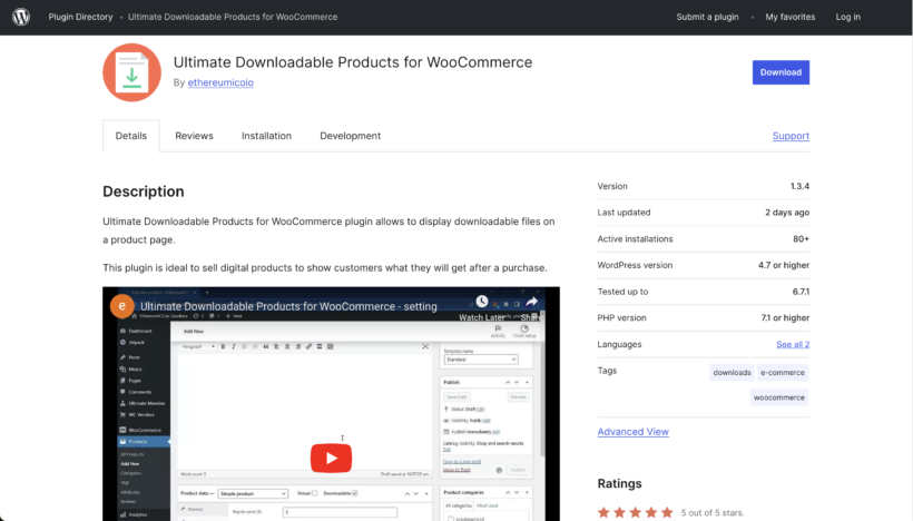 Plugin listing for Ultimate Downloadable Products for WooCommerce