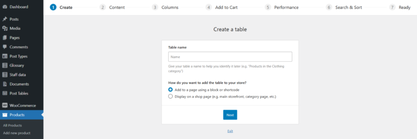 WooCommerce Product Table - setup wizard 1