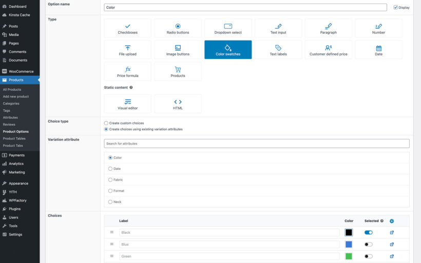 WooCommerce display product variations as checkbox, image or color swatch options