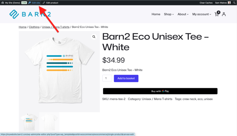 Edit site button from a WooCommerce product page