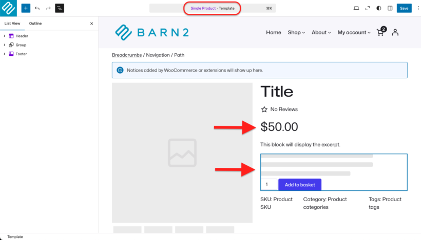 Edit WooCommerce product page template in site editor