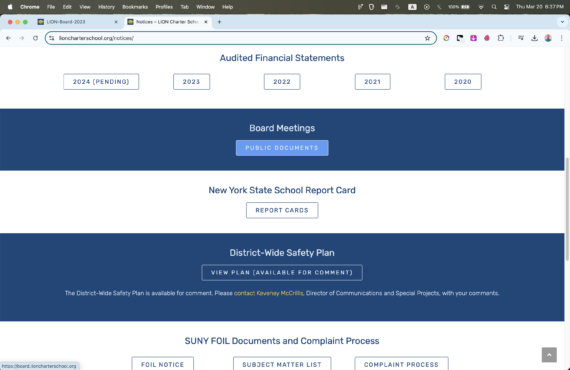 LION school board website with link to public documents page