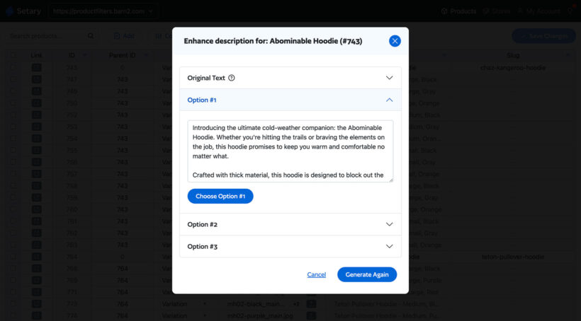 Setary AI product descriptions