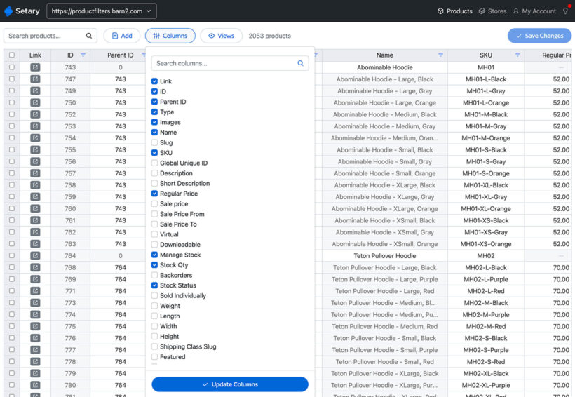 Setary WooCommerce spreadsheet bulk editor columns