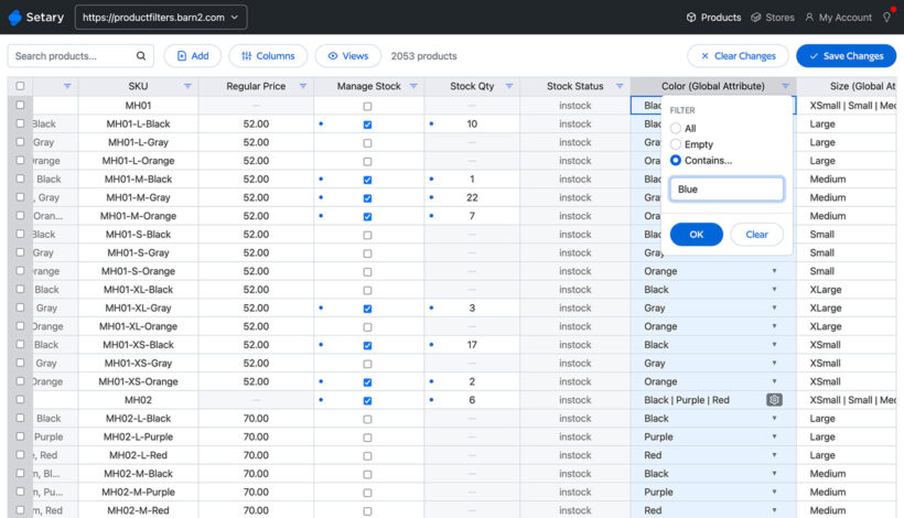 Setary filter by attribute and change stock in bulk edit spreadsheet