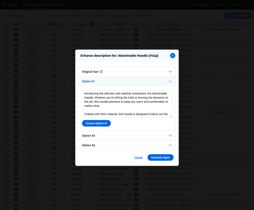 Setary screenshot AI product descriptions