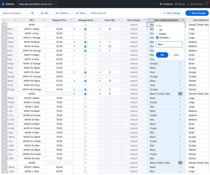 Setary screenshot change stock and filter by attribute