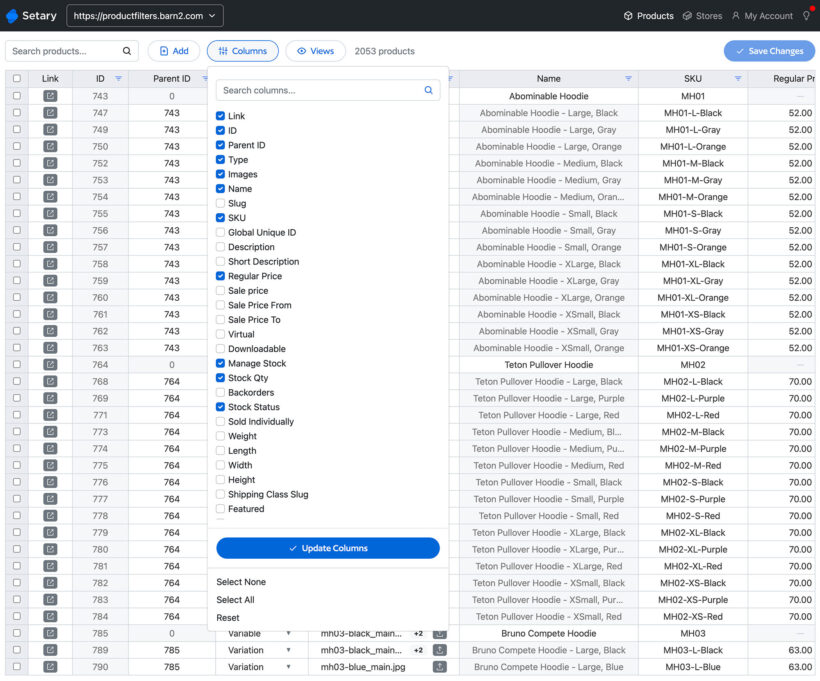Setary screenshot select columns for bulk editor spreadsheet