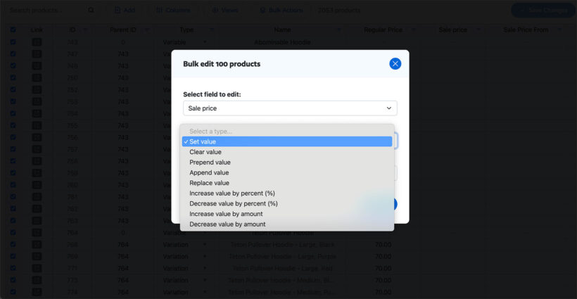 Setary price bulk edit options