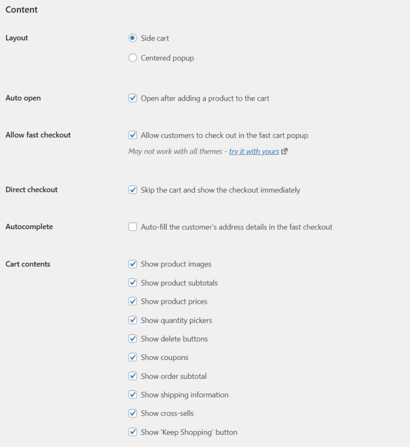 Fast Cart settings page