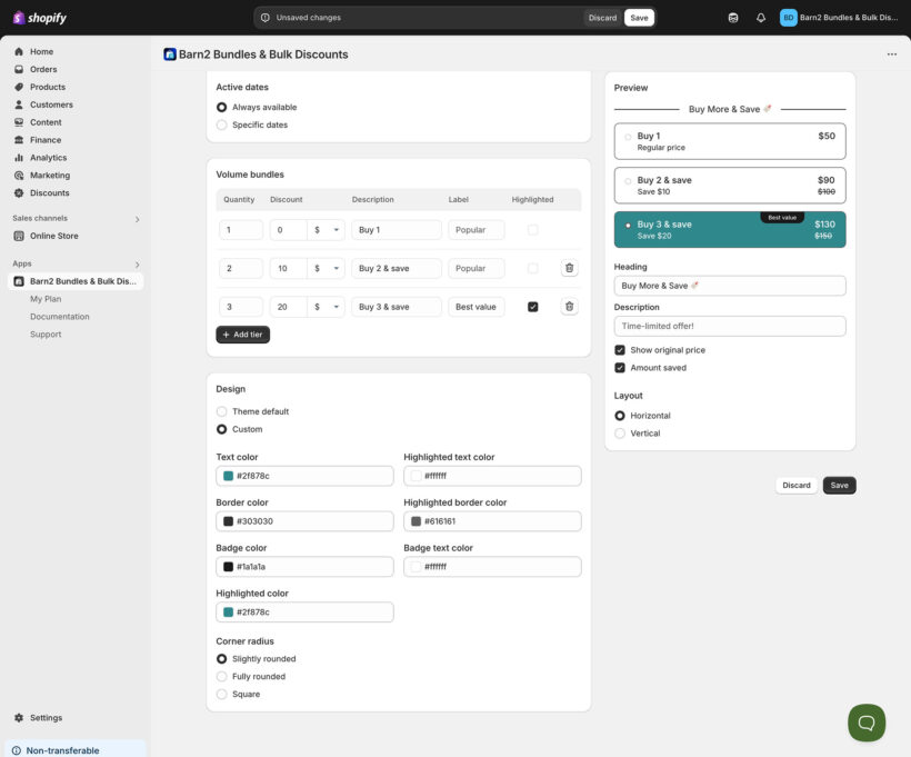 Barn2 Bundles & Bulk Discounts screenshot design styling options