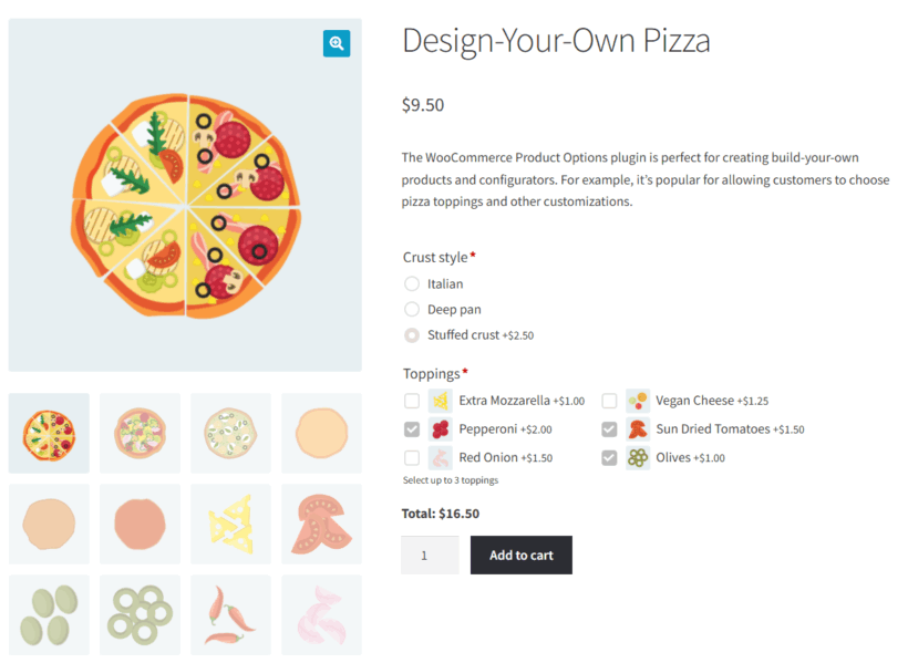 Pizza product with multiple choice fields